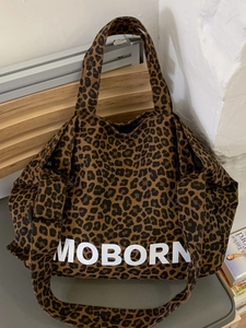Large leopard print tote bag with white MOBORN logo and versatile shoulder straps