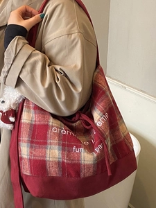 Large vintage plaid tote bag with letter embroidery and plush puppy charm for women