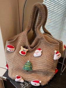 Christmas Knitted Tote Bag For Women Large Capacity Shoulder Bag With 3D Santa Reindeer Plush Decorations Holiday Beach Bag