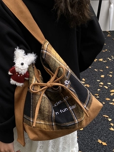 Retro leopard plaid canvas tote bag with brown straps and a cute plush bear charm