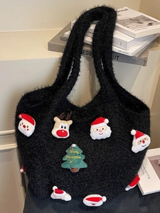 Black knitted cotton tote bag with Christmas Santa and reindeer patches in a casual style