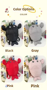 Detail view of cartoon lobster backpack shown in black, gray, red and pink colors