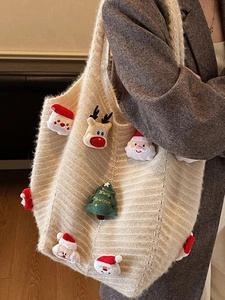 Beige knitted tote bag with 3D Santa and Reindeer patches for Christmas season