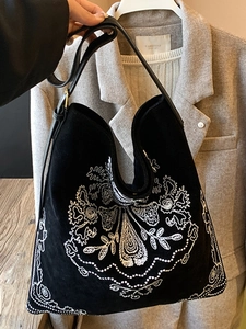 Ethnic style black suede tote bag with white embroidery and large capacity design