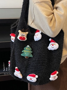 Black fuzzy sherpa Christmas tote bag with Santa and reindeer motifs for winter beach holiday
