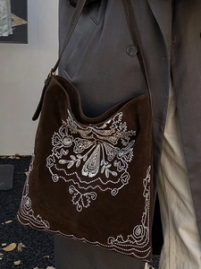 Ethnic vintage brown suede tote bag with floral white embroidery for women