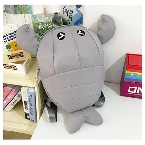 Detail of creative giant isopod backpack in grey with segments and claw features