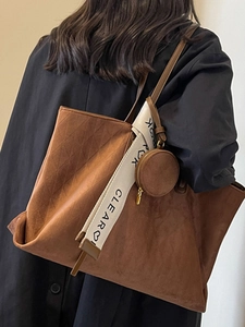 Retro brown large capacity suede tote bag for women with decorative wide strap