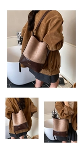 Detailed views of a vintage color-block suede bucket bag with gold logo and shoulder strap