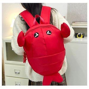 Detailed back view of a creative red lobster shaped backpack with 3D claws and tail design
