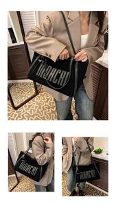 Detail of MOACRI black tote bag showing premium thick suede texture and white embroidery