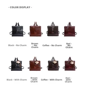 Color display of vintage PU leather backpacks in black brown and red with bear charms