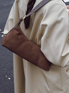 French style brown suede underarm shoulder bag with stitching and leather strap