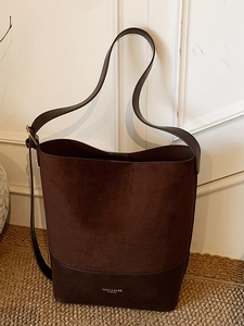 Vintage Suede Patchwork Bucket Bag For Women Large Capacity Shoulder Bag Trendy Chic Splicing Commuter Underarm Bag With Strap