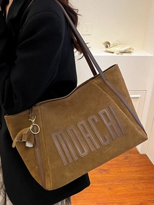 Brown faux suede large tote bag with MOACRI embroidery and leather shoulder strap
