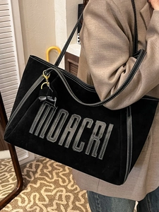 Large capacity black suede tote bag with MOACRI letter embroidery and shoulder strap