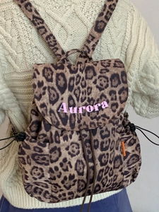 Retro leopard print canvas backpack with Aurora embroidery and drawstring closure