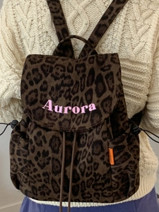 Retro leopard print canvas backpack with Aurora embroidery and large capacity drawstring design