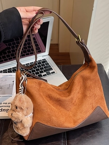 Vintage Patchwork Suede Underarm Bag Large Capacity Shoulder Hobo Bag For Women Minimalist Commuting Handbag With Cute Plush Charm