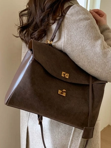 Retro deep brown suede tote bag with gold lock for business commute and daily wear