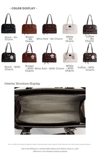 Detailed view of large PU leather tote bag interior zipper and five color options with charms