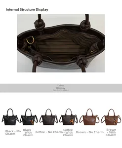 Detail view of large bucket bag with striped lining and leather texture swatches