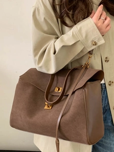 Retro brown suede tote bag for women featuring gold turn-lock and leather handle