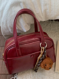 Vintage burgundy Boston pillow bag with soft PU leather and cute teddy dog charm