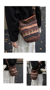 Détail du sac seau en peluche ethnique avec motif jacquard vintage et large bandoulière