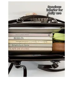 Top view of spacious interior of a dark brown vintage tote bag with daily essentials