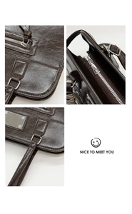 Close-up of dark brown oil wax leather handbag with silver zippers and fine stitching