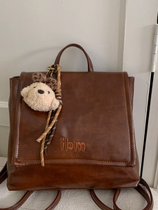 Retro Women PU Leather Backpack Fashion School Bag With Cute Plush Charm Vintage Style Travel Rucksack For College Girls