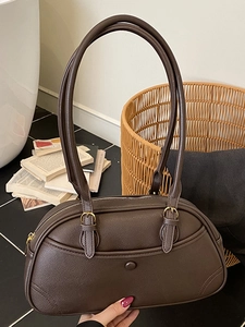 Retro PU Leather Bowling Bag For Women Fashion Underarm Shoulder Bag Urban Minimalist Commuting Litchi Pattern Handbag