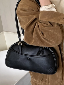Vintage black lychee leather bowling bag with double shoulder straps for women