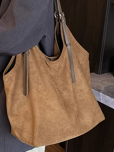 Large tan suede tote bag for women with leather straps and spacious interior