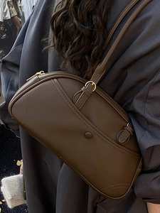 Vintage dark brown leather bowling bag for women underarm shoulder bag with gold strap buckle