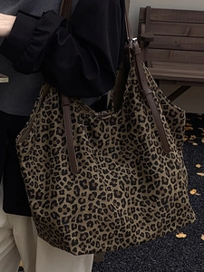 Large leopard print faux suede tote bag with brown leather straps for autumn streetwear