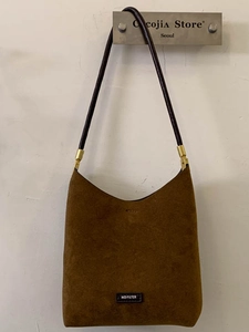 Brown faux suede underarm shoulder bag with gold hardware and NO FILTER label