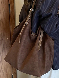 Brown faux suede large tote bag for women with leather straps in urban casual style
