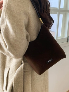 Retro coffee brown suede underarm bag with gold hardware and NO FILTER letter patch