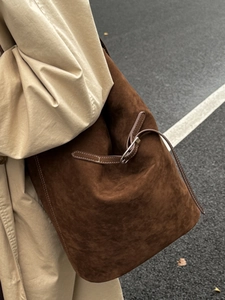 Vintage brown suede tote bag with adjustable silver buckles and large capacity for women