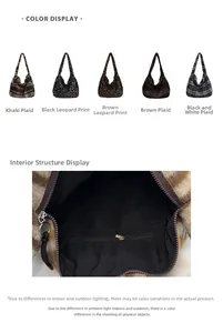 Detail view of large tote bags in various patterns with a close-up of the zipper pocket