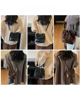 Detail shots of minimalist bucket bags in black and brown with woven handles in home setting
