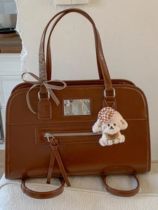 Vintage PU Leather Shoulder Bag For Women Retro Tote Handbag With Puppy Pendant Ribbon Bow Stylish Daily Commute Bag