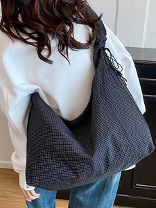 Large capacity plaid hobo bag in gray and black mesh with adjustable drawstring straps