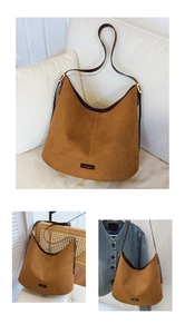 Close-up of brown suede tote bag with brand logo on white sofa and lifestyle scenes