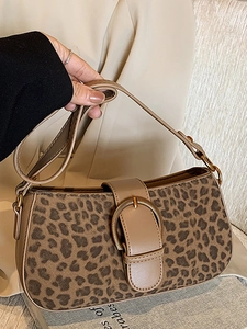 Vintage Leopard Print Women Shoulder Bag With Round Metal Buckle Niche Suede PU Leather Underarm Bag Fashion Daily Accessory