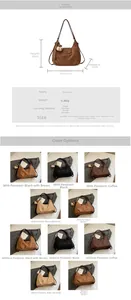 Close-up of retro PU leather and suede tote bag showing stitch detail and cute bear charm