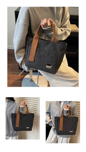 Détails du sac fourre-tout en toile anthracite avec anses marron et broderie mignonne