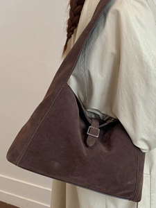Vintage dark brown suede crescent shoulder bag with metal buckle for women's fashion